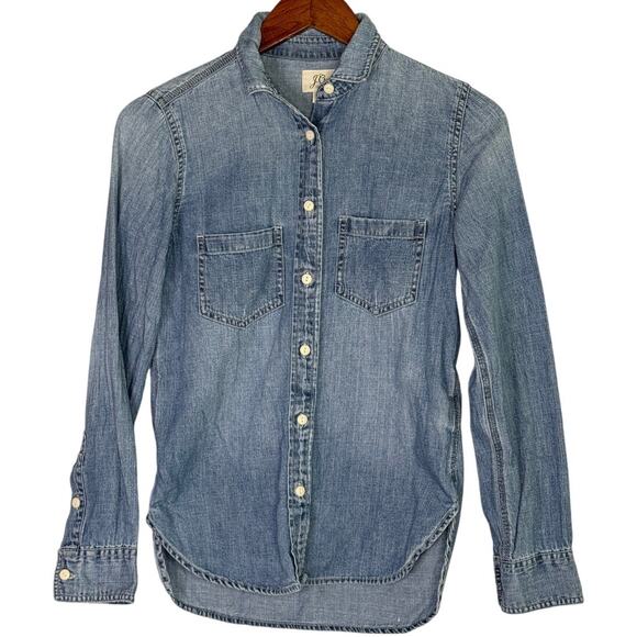 J. Crew Cotton Chambray Long Sleeve Denim Button Down Shirt Pockets 00 Blue - Picture 15 of 15